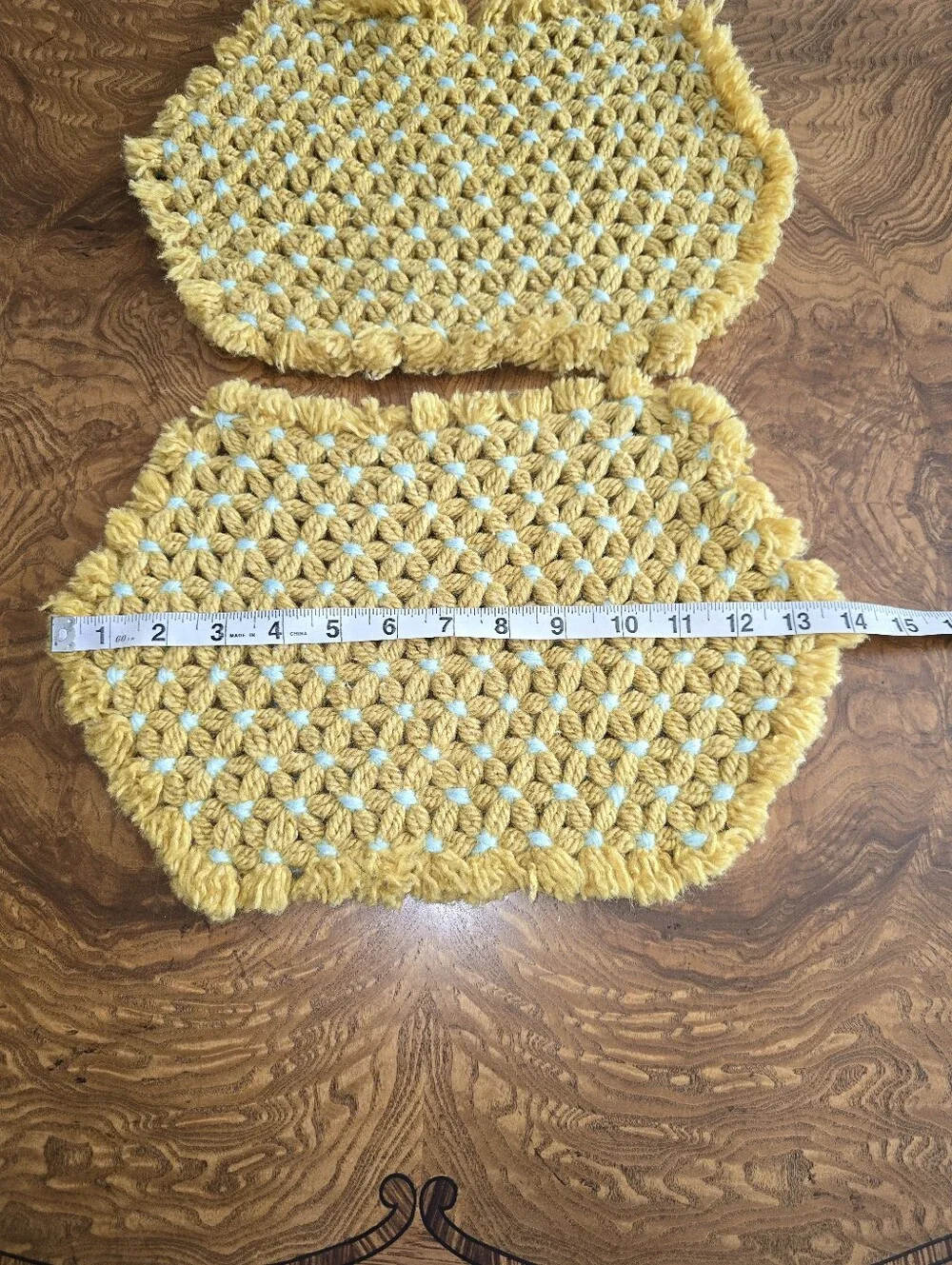 Vintage 70s Crochet Yellow and Light Blue Loom Placemats Set of 2 Handmade
